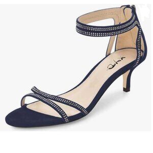 XYD Navy Open Toe Low Heel Strappy Rhinestone Sandals Ankle Strap Wedding Shoe